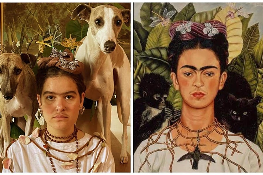 Karen Vincent Spencer's recreation of Frida Kahlo's “Self Portrait with Necklace of Thorns”.