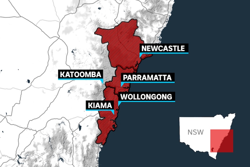 Map of Newcastle, Katoomba, Sydney and Kiama.