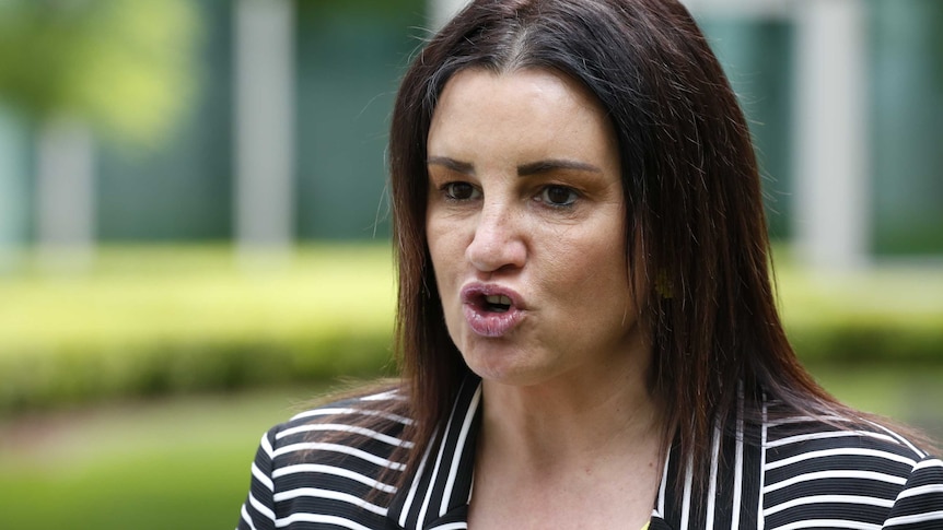 Tasmanian senator Jacqui Lambie speaks to the media outside of Parliament