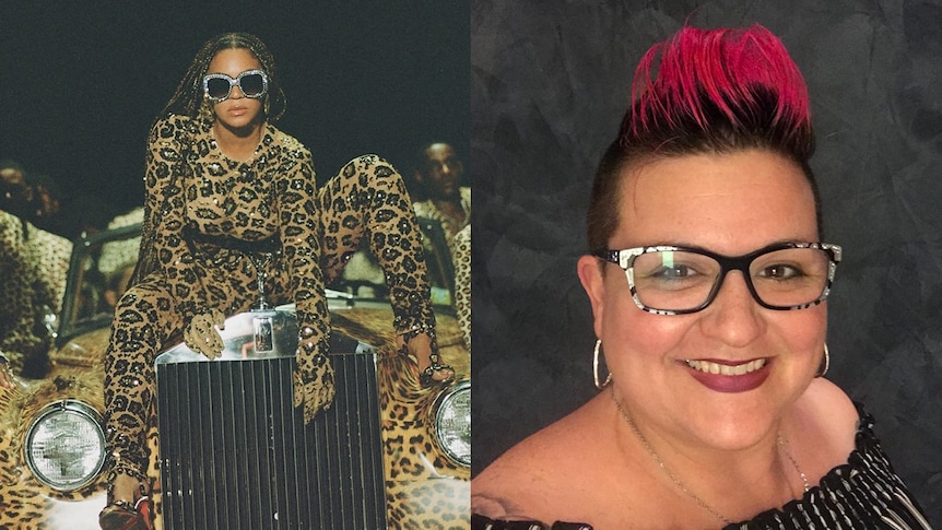 Beyonce wears a leopard print suit, bedazzled sunglasses and sits on a leopard print car. Amber Galloway-Gallego smiles.