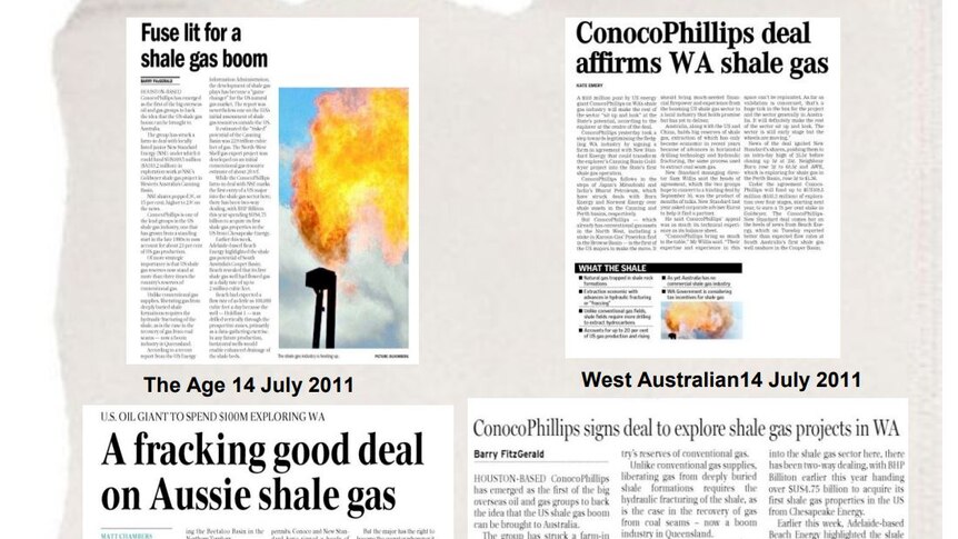 Newspaper articles predicting a fracking industry boom in the Canning Basin.