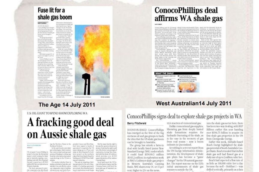 Newspaper articles predicting a fracking industry boom in the Canning Basin.