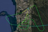 Green and yellow lines over a satellite image indicate the flight map of a plane landing in Perth.