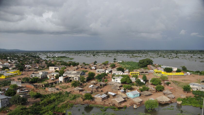 Floodwaters surround the city of Mutarara
