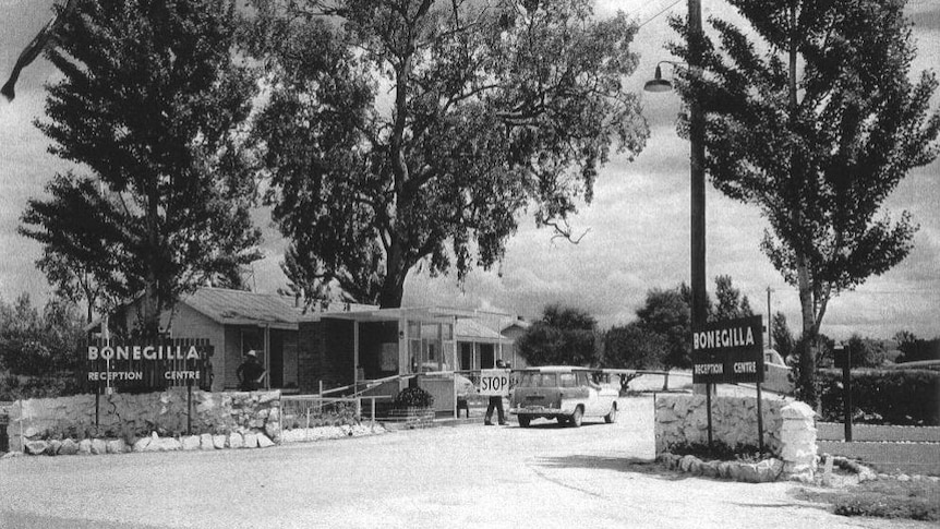 Black and white image of entry to Bonegilla Reception Centre. Trees in