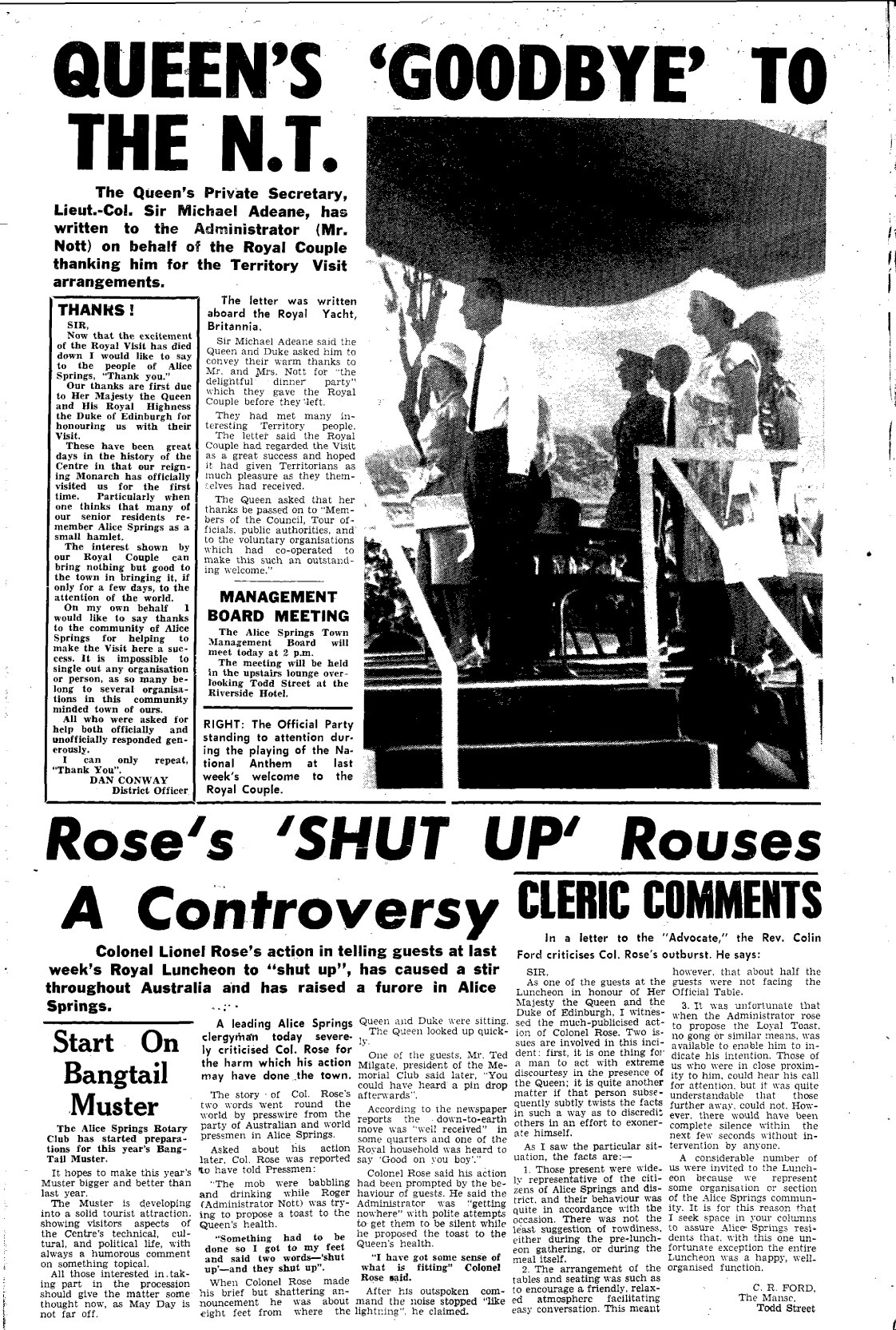 Black and white archival newspaper with front page about the Queen's 1963 visit to Alice Springs.