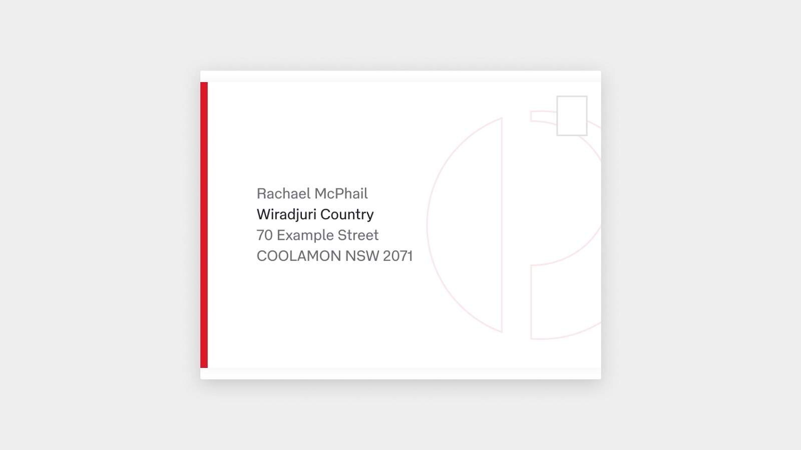 An example of an Australia Post letter address with the traditional place name on the second line.