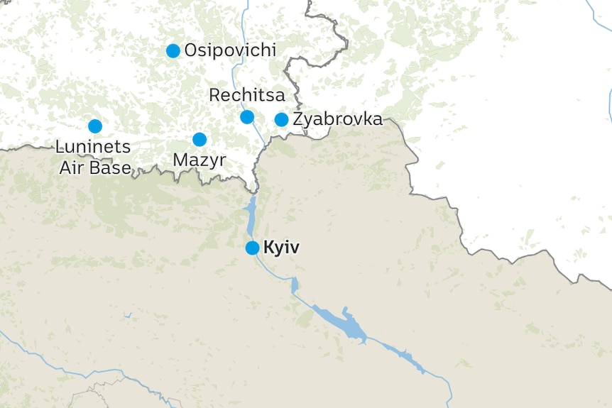 Map of Belarus, bordering Ukraine, with pins droped at Luninets, Brestsky, Rechitsa and Zyabrovka.