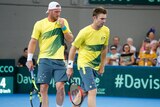 Sam Groth (L) and John Peers during their doubles rubber against Jack Sock and Steve Johnson.