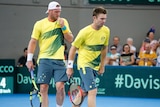 Sam Groth (L) and John Peers during their doubles rubber against Jack Sock and Steve Johnson.