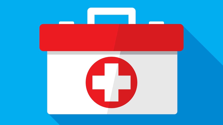 A cartoon of a white box with a red cross.