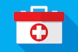 A cartoon of a white box with a red cross.