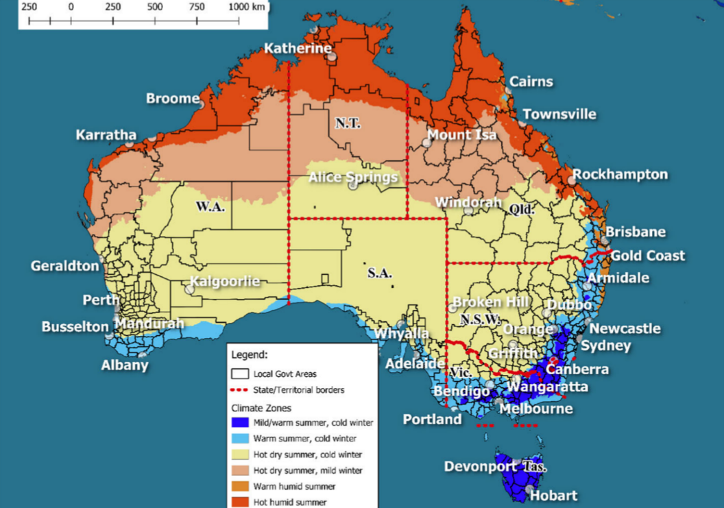 A map of Australia split into six climate zones using a range of colours, from red to yellow to blue.