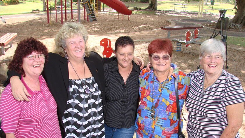 (LtoR) Bundaberg residents Lisa Hooper, Beryl Crosby, Linda Parsons, Mavis Flynn and Judy Kemps celebrate the news that Patel has dropped his fight against extradition. to Australia to face manslaught