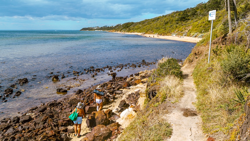 Two people in beach gear walk along a rocky beach track towards a bathing spot.