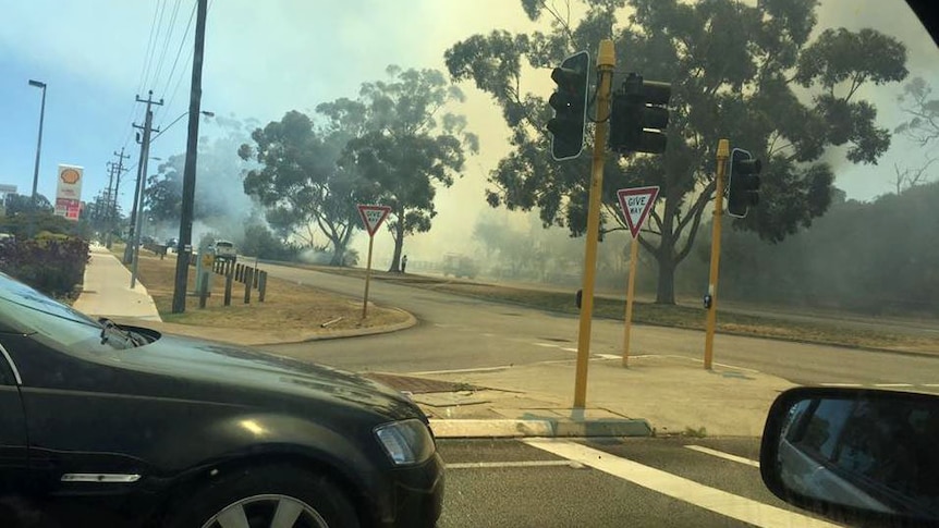 View from a car window of smoke near bushland.