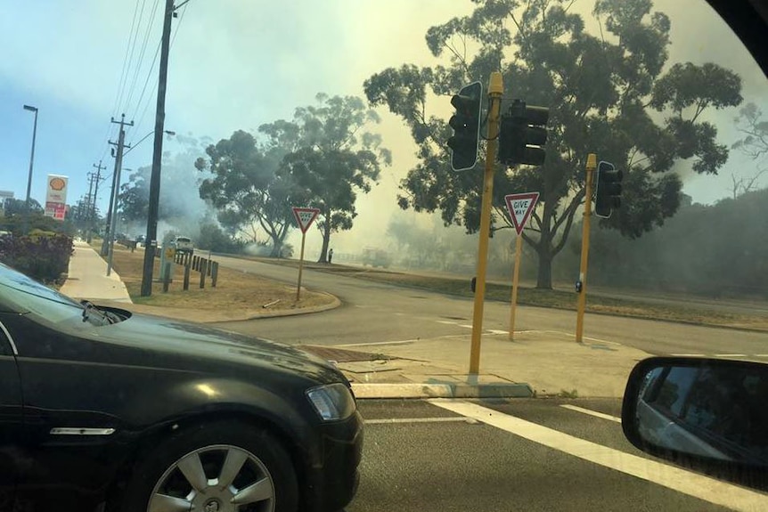 View from a car window of smoke near bushland.