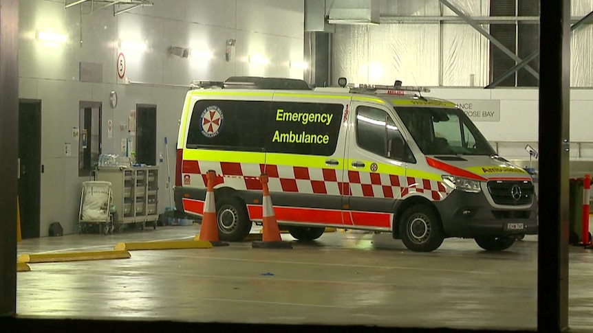 An ambulance outside a hospital bay