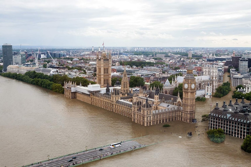 A representation of what four degrees of global warming looks like shows parts of the London CBD under water.