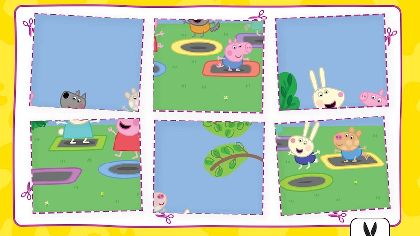 Jigsaw pieces with Peppa Pig and friends jumping on trampolines