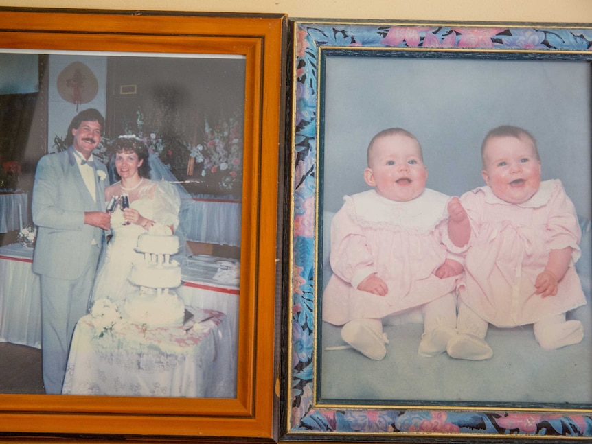 A photo of David and Sue at their wedding, next to a picture of their twin girls as babies