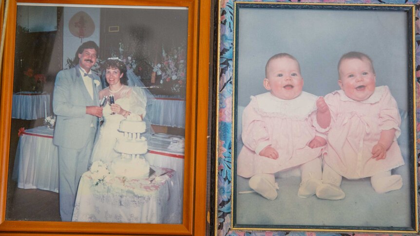 A photo of David and Sue at their wedding, next to a picture of their twin girls as babies