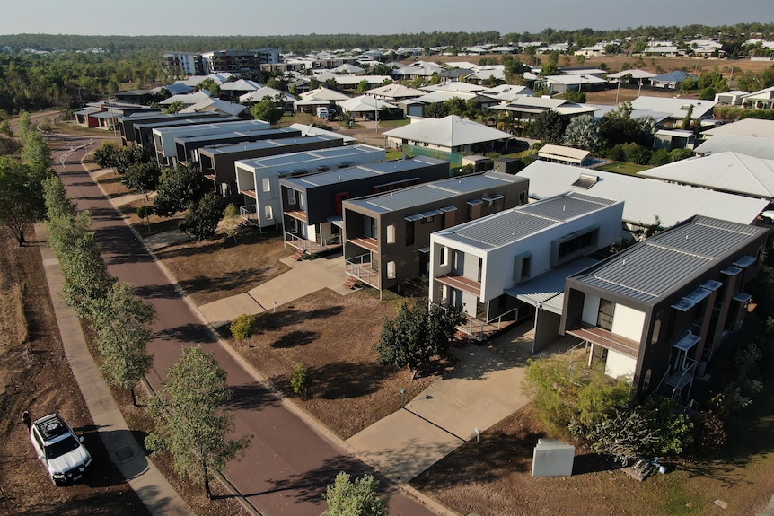 A row of affordable rental properties in Palmerston seen from above.