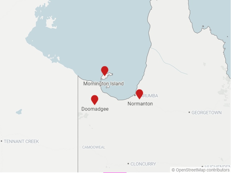 map showing Doomadgee, Mornington Island and Normanton.