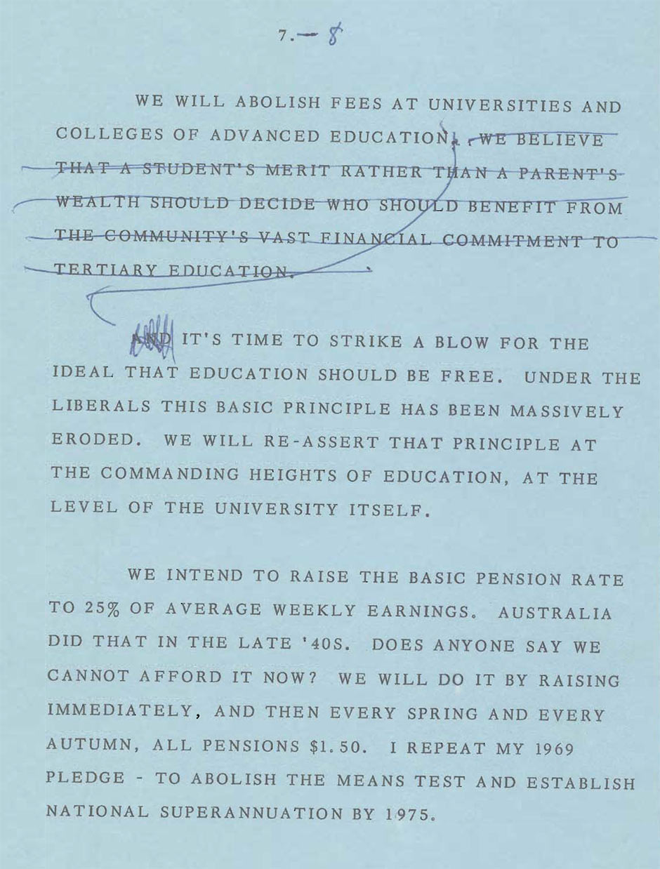 Page one of the original copy of Gough Whitlam's 1972 election policy speech - known as the It's Time speech.