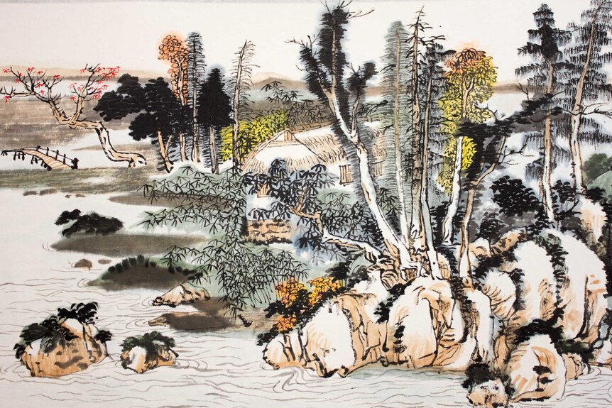 Different trees line the riverbank in Wong May-po's painting