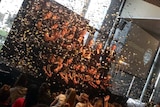 The Collingwood Netball Team is launched with confetti at the Glasshouse in Melbourne.