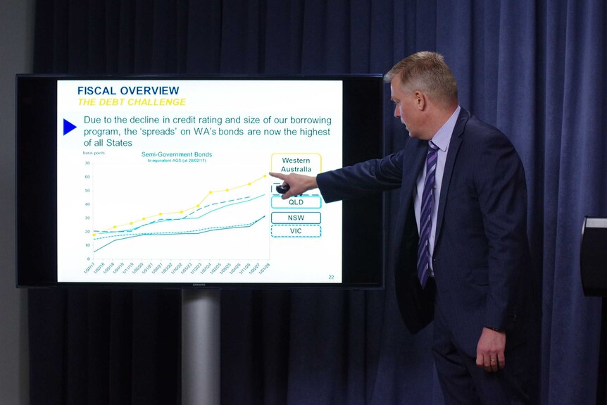 WA Under Treasurer Michael Barnes points at a graph