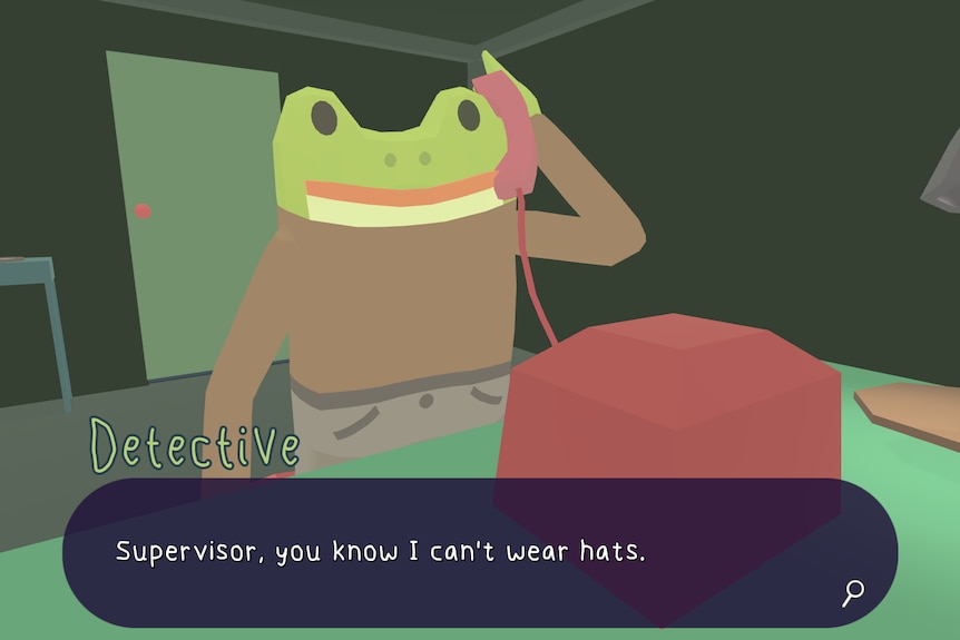Still from a video game featuring a frog detective speaking into a phone