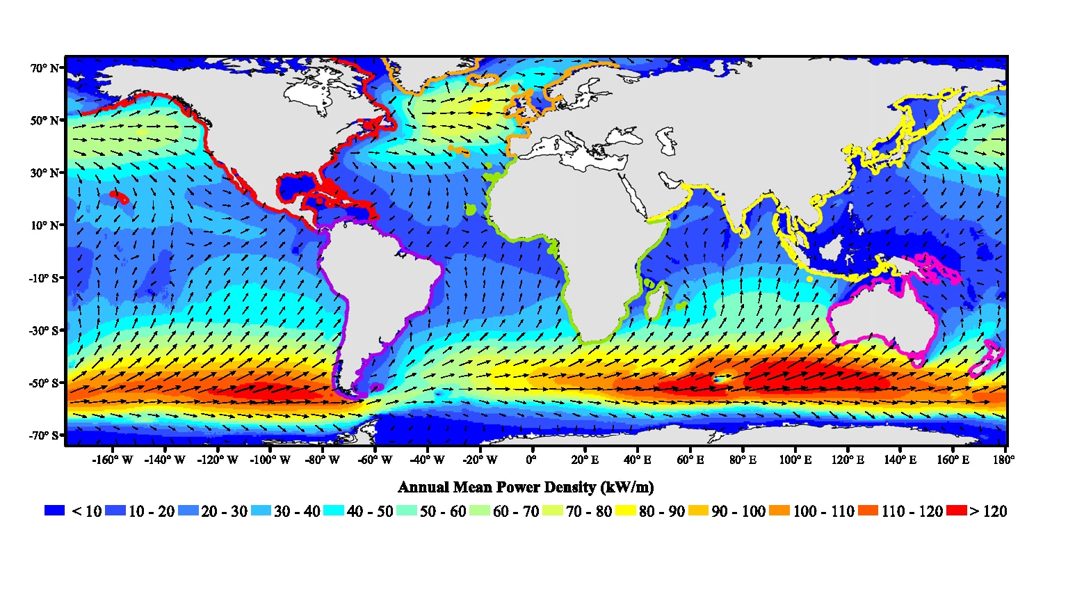 A map with the world's oceans coloured. The waters in the south are bright red, indicating high mean power density.