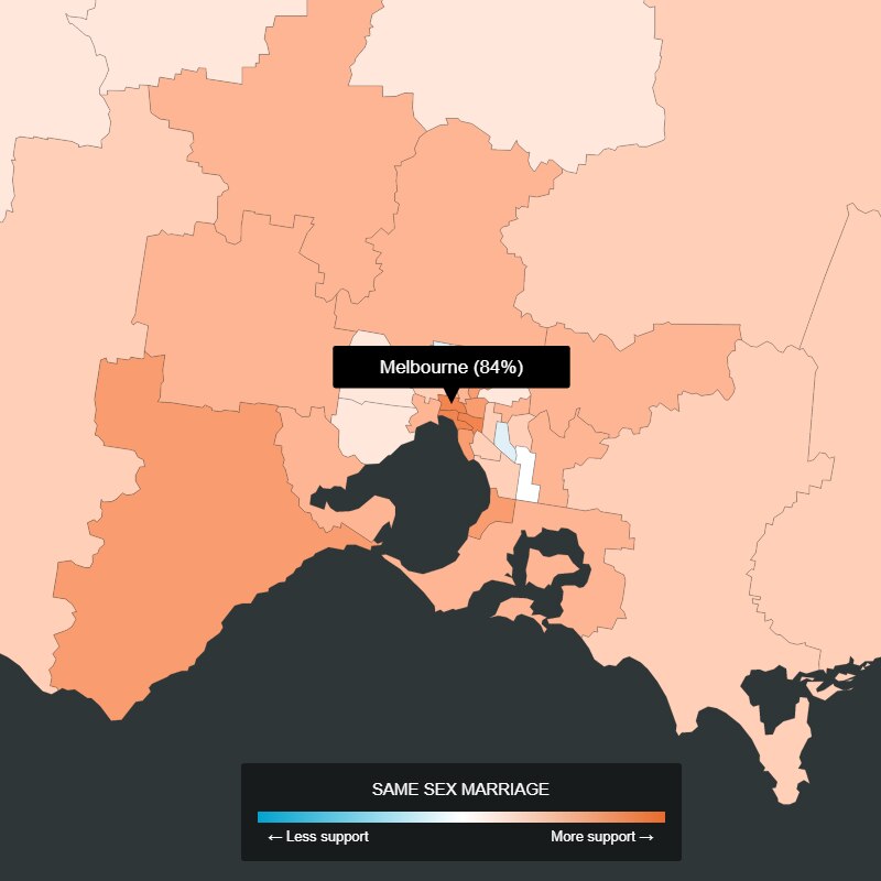 A map shows SSM support in the seat of Melbourne is 84 per cent and most surrounding seats voted 'yes'.