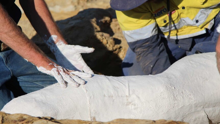 Two men, one whose hands are white with plaster, bend over a long, plaster covered object in the desert.