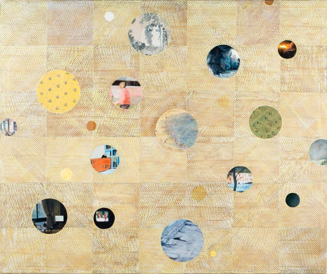 Images in circles are embedded on a beige surface which is crisscrossed by fine lines made of with acrylic paint. 