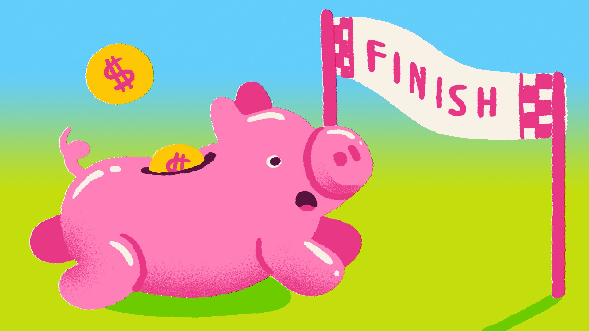 A piggy bank with coins magically falling into it is seen racing towards a finish line banner in this bright illustration.