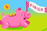 A piggy bank with coins magically falling into it is seen racing towards a finish line banner in this bright illustration.