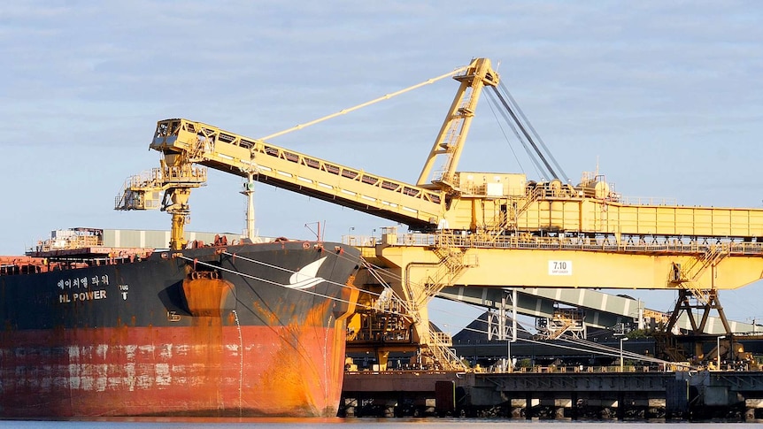 A ship at the Port of Newcastle receives a load of Hunter Valley coal
