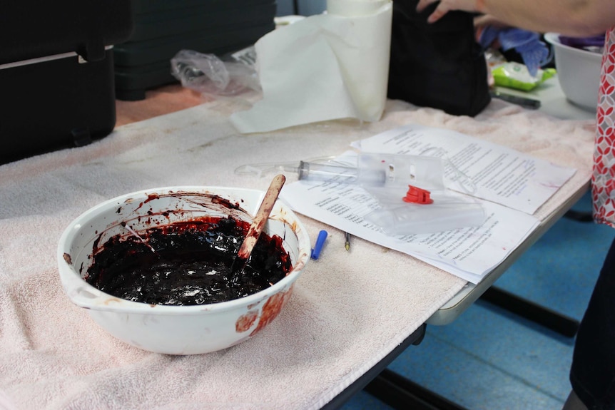 A bowl of fake blood sits on a table.