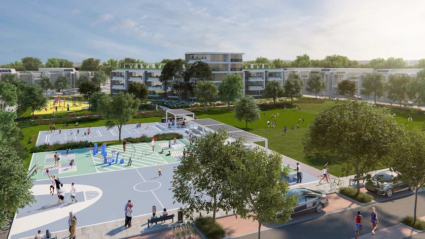 An artist's impression of an urban infill development showing blocks of low-rise apartments, a park and a basketball court.