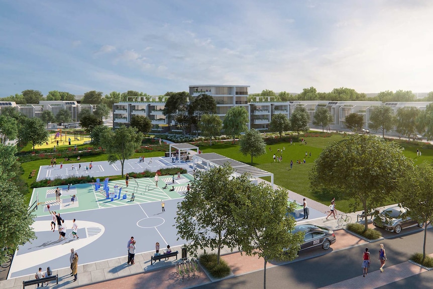 An artist's impression of an urban infill development showing blocks of low-rise apartments, a park and a basketball court.