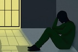 Illustration of a young person sitting head-in-hands in a jail cell an officer stands on the other side of the door.