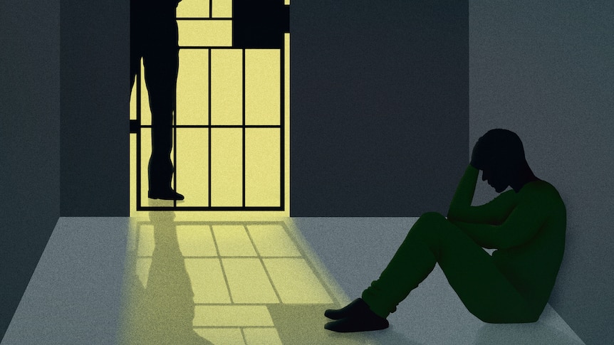 Illustration of a young person sitting head-in-hands in a jail cell an officer stands on the other side of the door.
