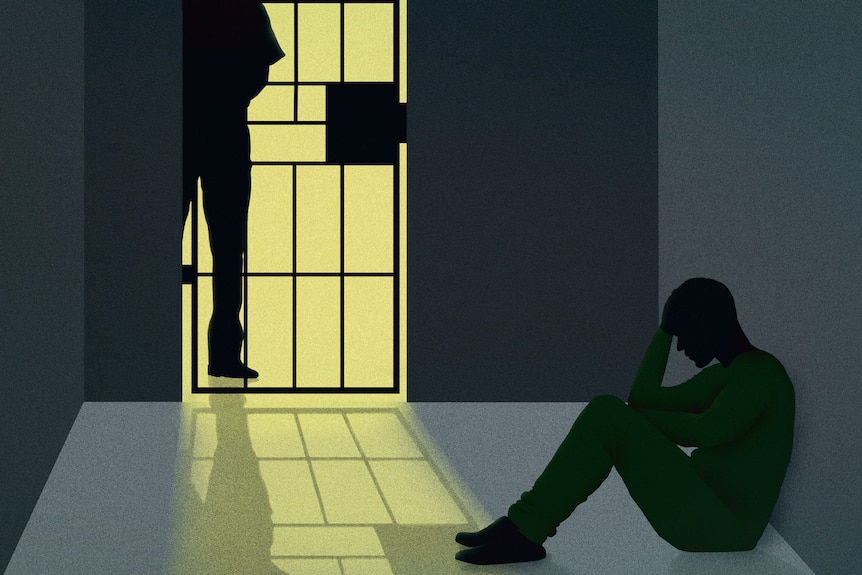 Illustration of a young person sitting head-in-hands in a jail cell an officer stands on the other side of the door.
