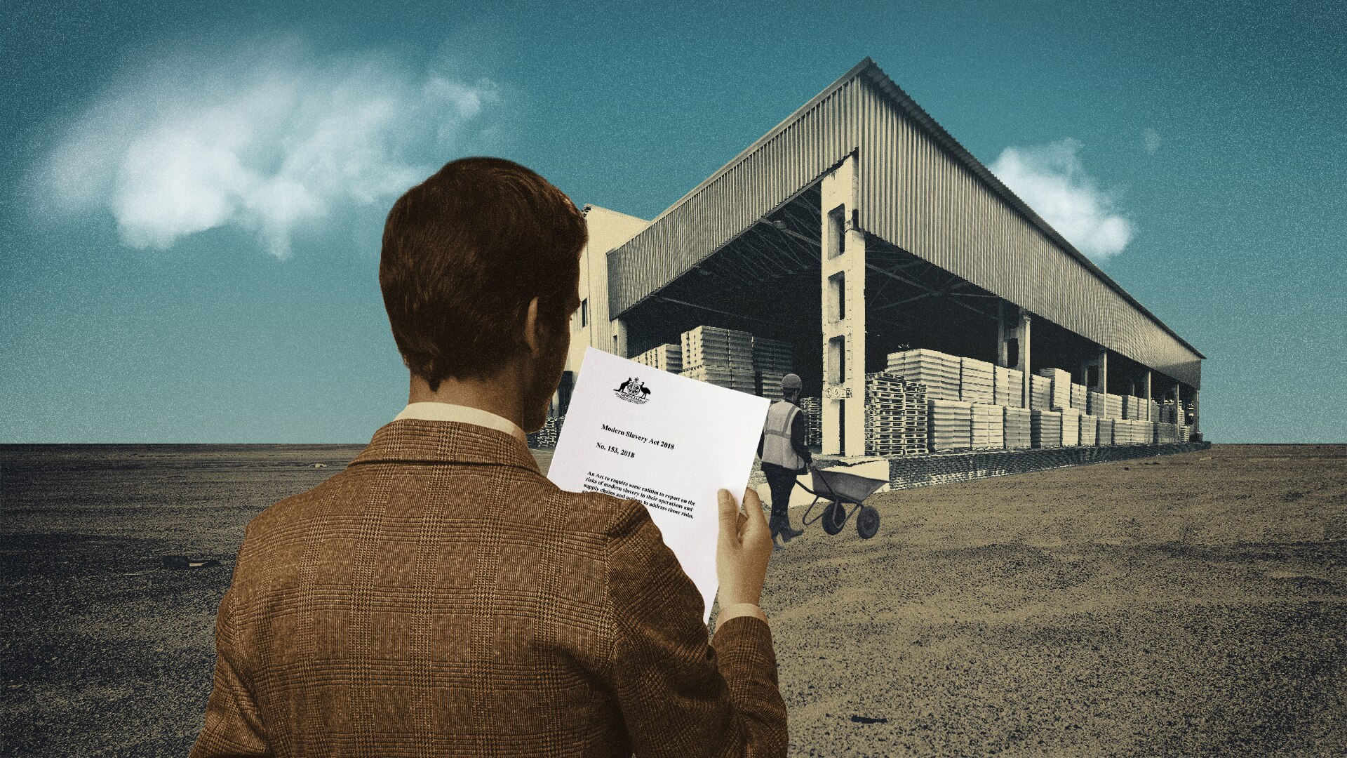 Graphic of a man holding the modern slavery act in front of a building.