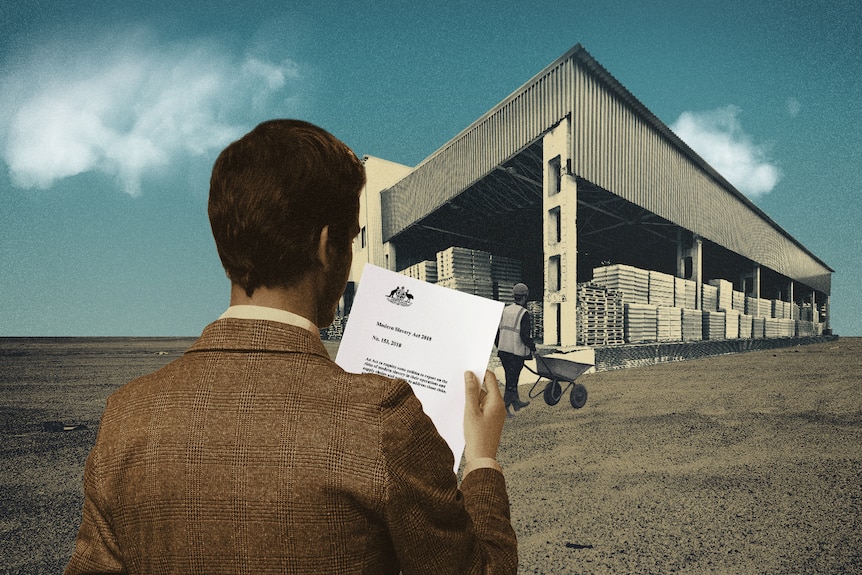 Graphic of a man holding the modern slavery act in front of a building.