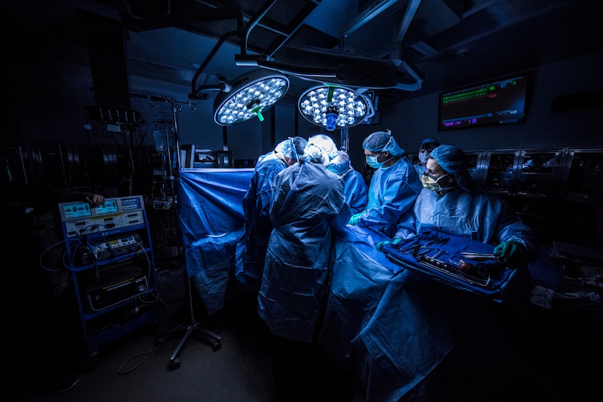 Medical staff in gowns, face masks and hairnets cluster around an operating table, instruments at the ready.