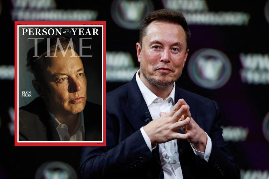 Elon Musk with his person of the year cover as an inset 